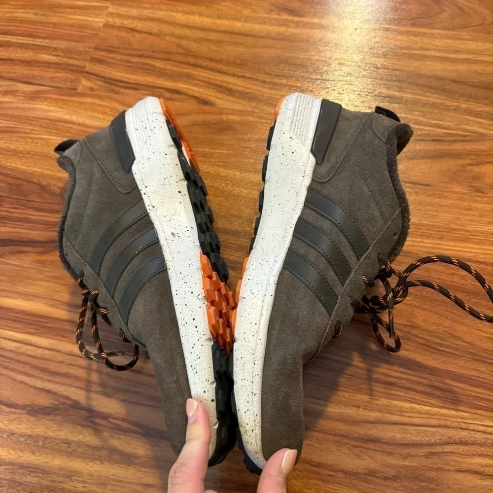 Brown Adidas Ortholite suede sneakers with fuzzy material